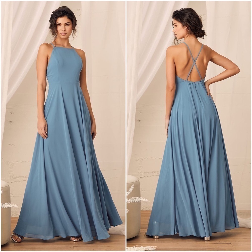 LULU’S 90s Square Neck Crisscross Open Back Sleeveless Fit‎ Flare Maxi Gown XS